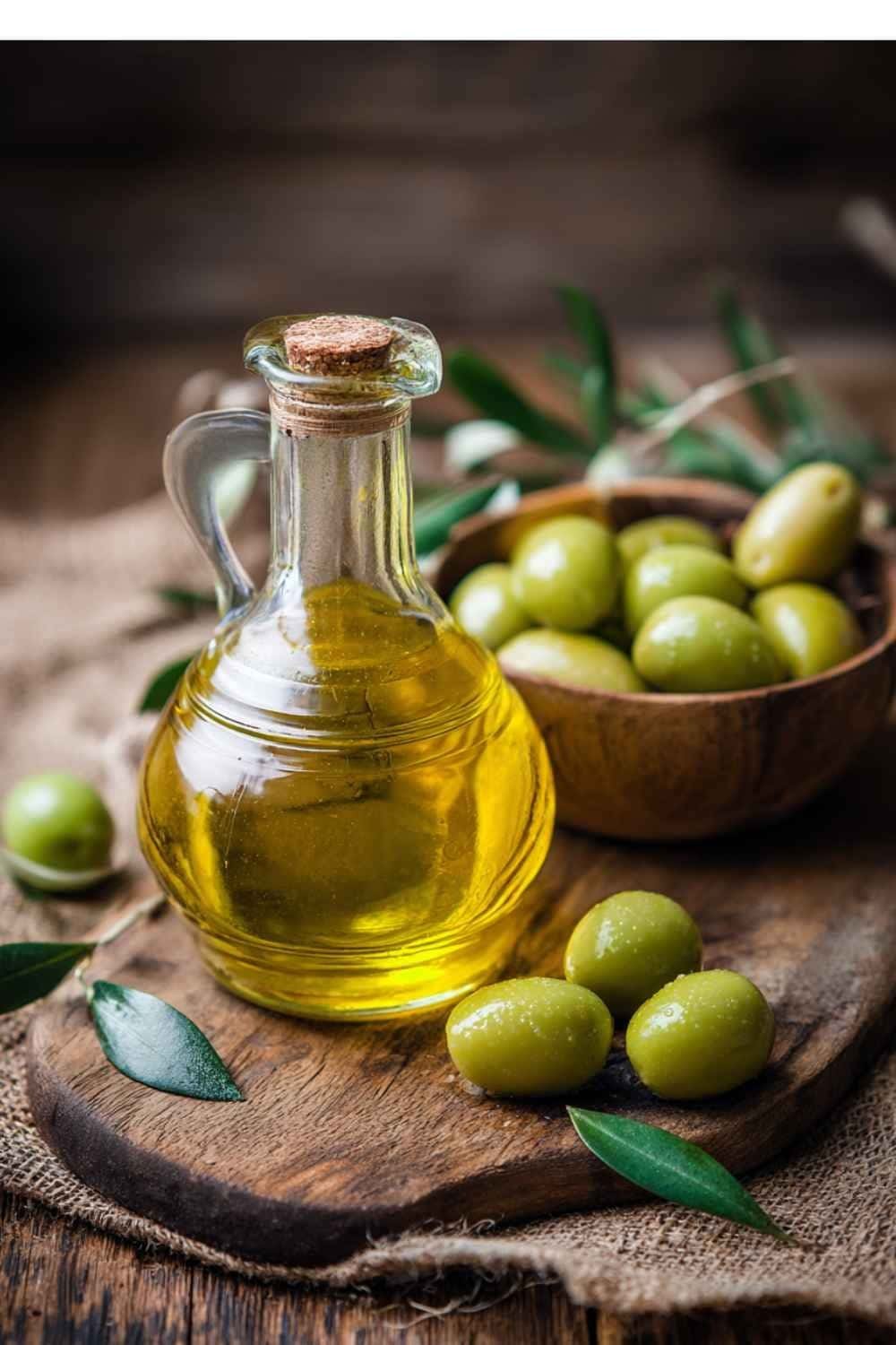 extra virgin olive oil used to help a dog eat new dry food naturally, with fresh green olives and a clear glass bottle