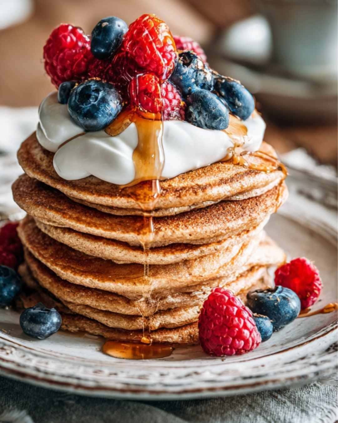 Whole-grain pancakes with fruit and yogurt for a cozy healthy breakfast