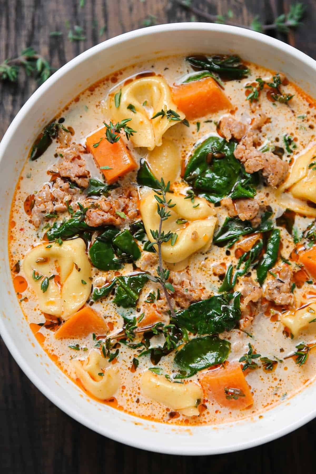 Creamy sausage tortellini soup in a bowl