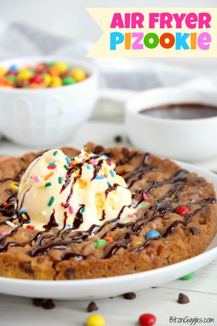 Warm air fryer pizookie cookie dessert served fresh and gooey.