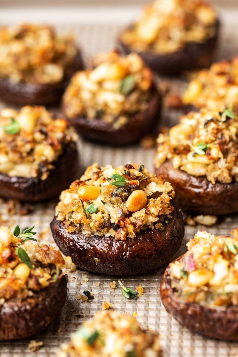 Vegan stuffed mushrooms baked until golden.