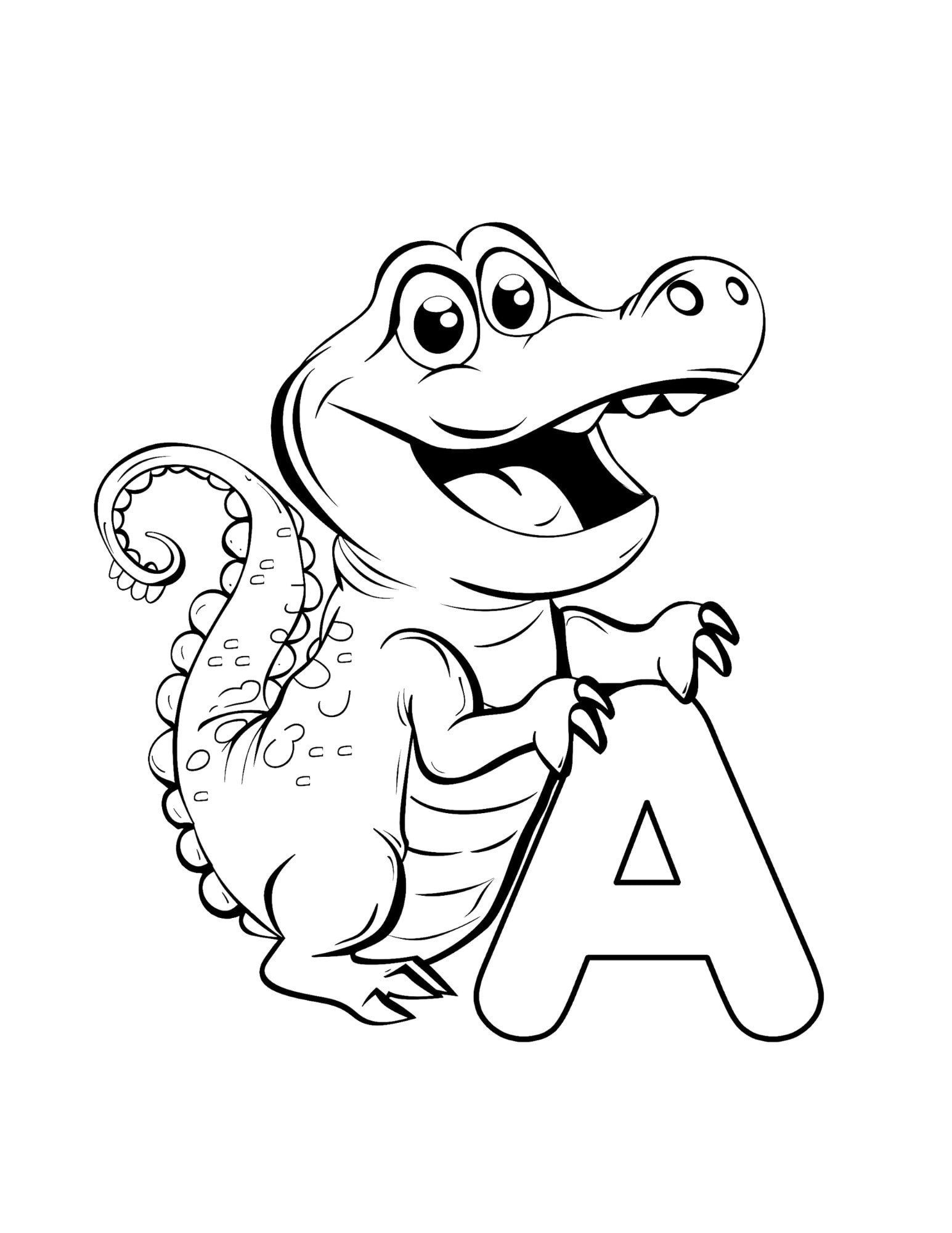 Letter A coloring page printable — Alligator — ABC animal coloring pages for preschool and kindergarten