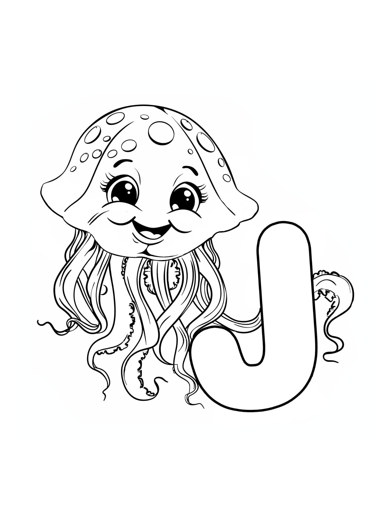 Letter J coloring page printable — Jellyfish — ABC animal coloring pages for preschool and kindergarten