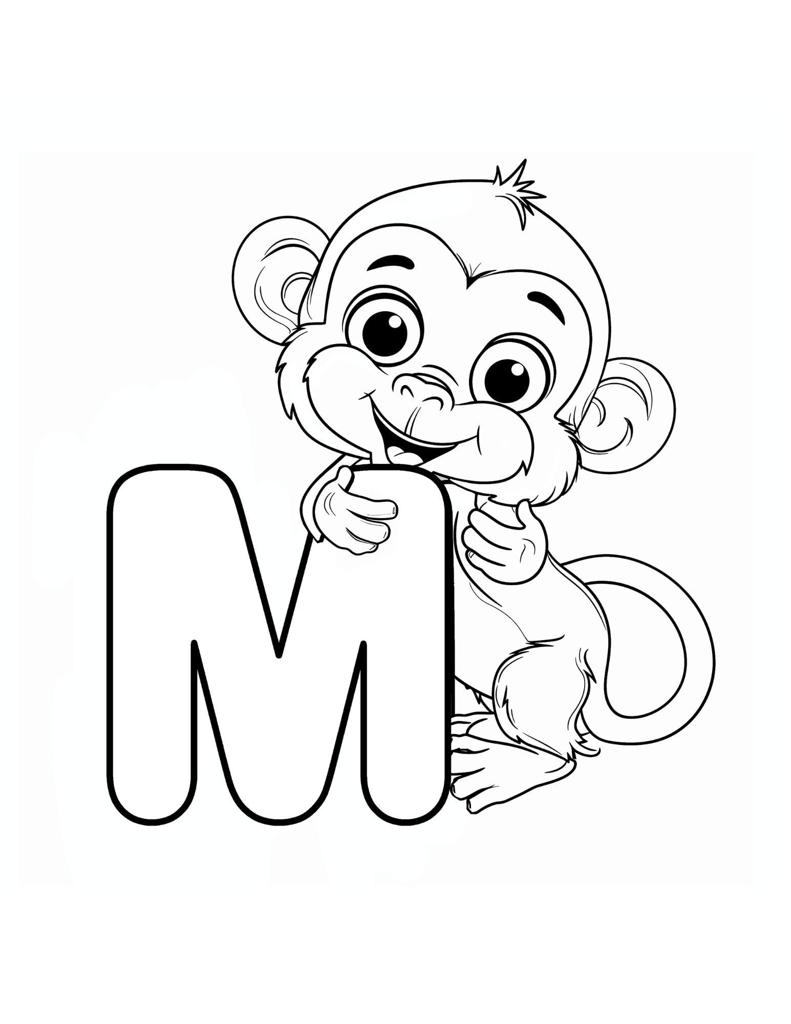 Letter M coloring page printable — Monkey — ABC animal coloring pages for preschool and kindergarten