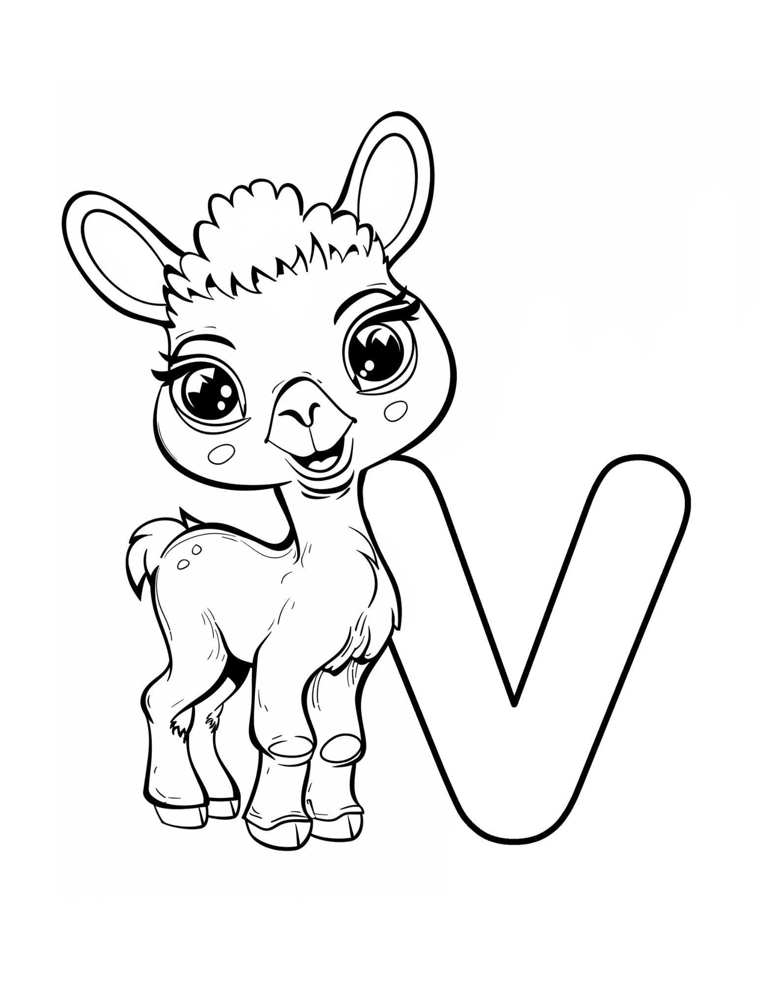 Letter V coloring page printable — Vicuna — ABC animal coloring pages for preschool and kindergarten