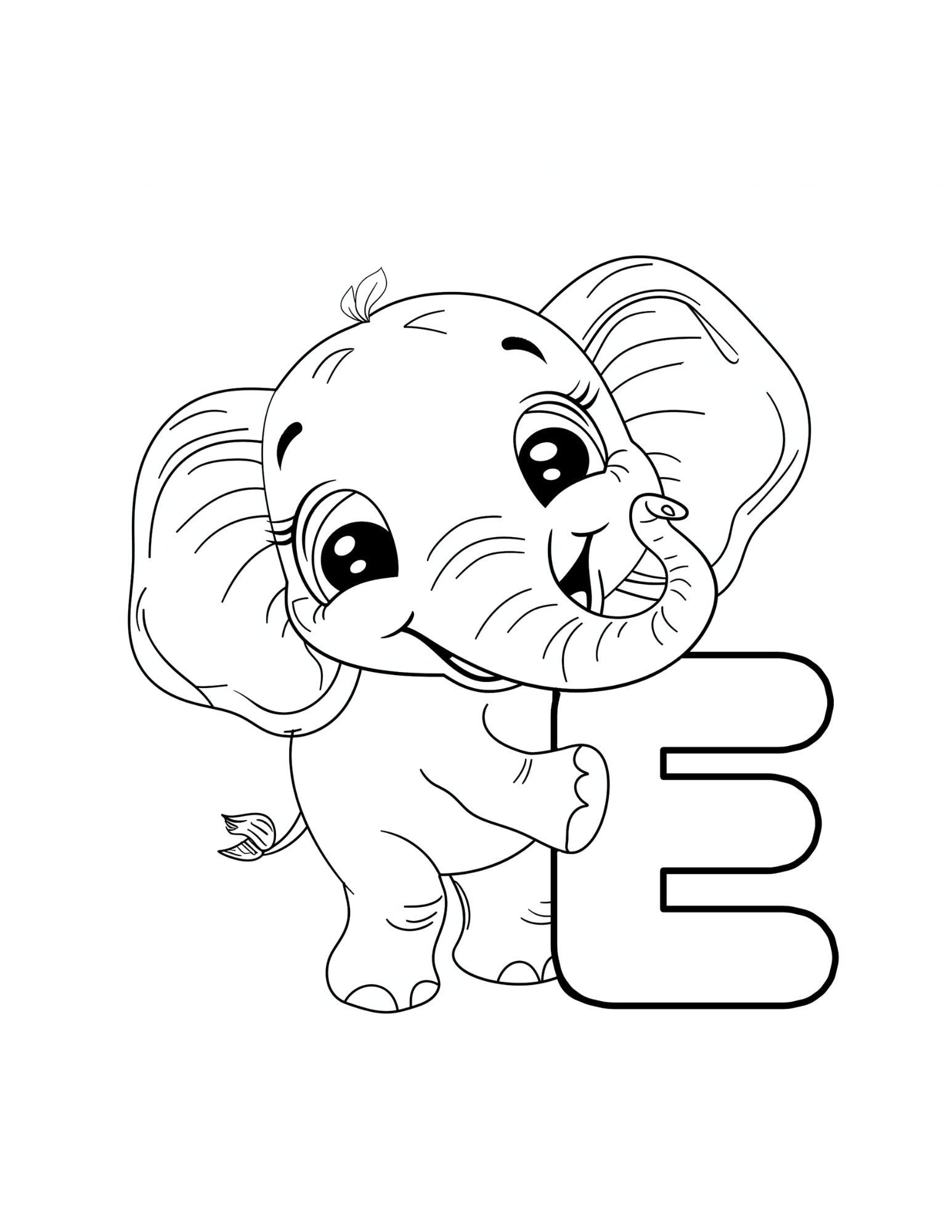 Letter E coloring page printable — Elephant — ABC animal coloring pages for preschool and kindergarten