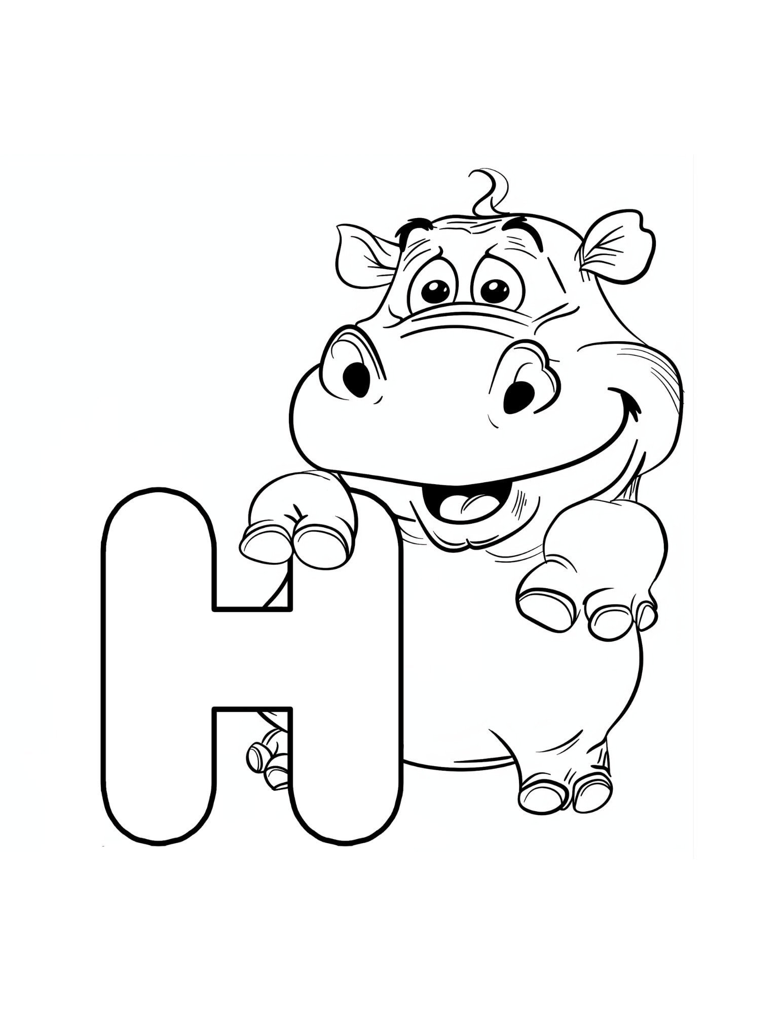 Letter H coloring page printable — Hippopotamus — ABC animal coloring pages for preschool and kindergarten