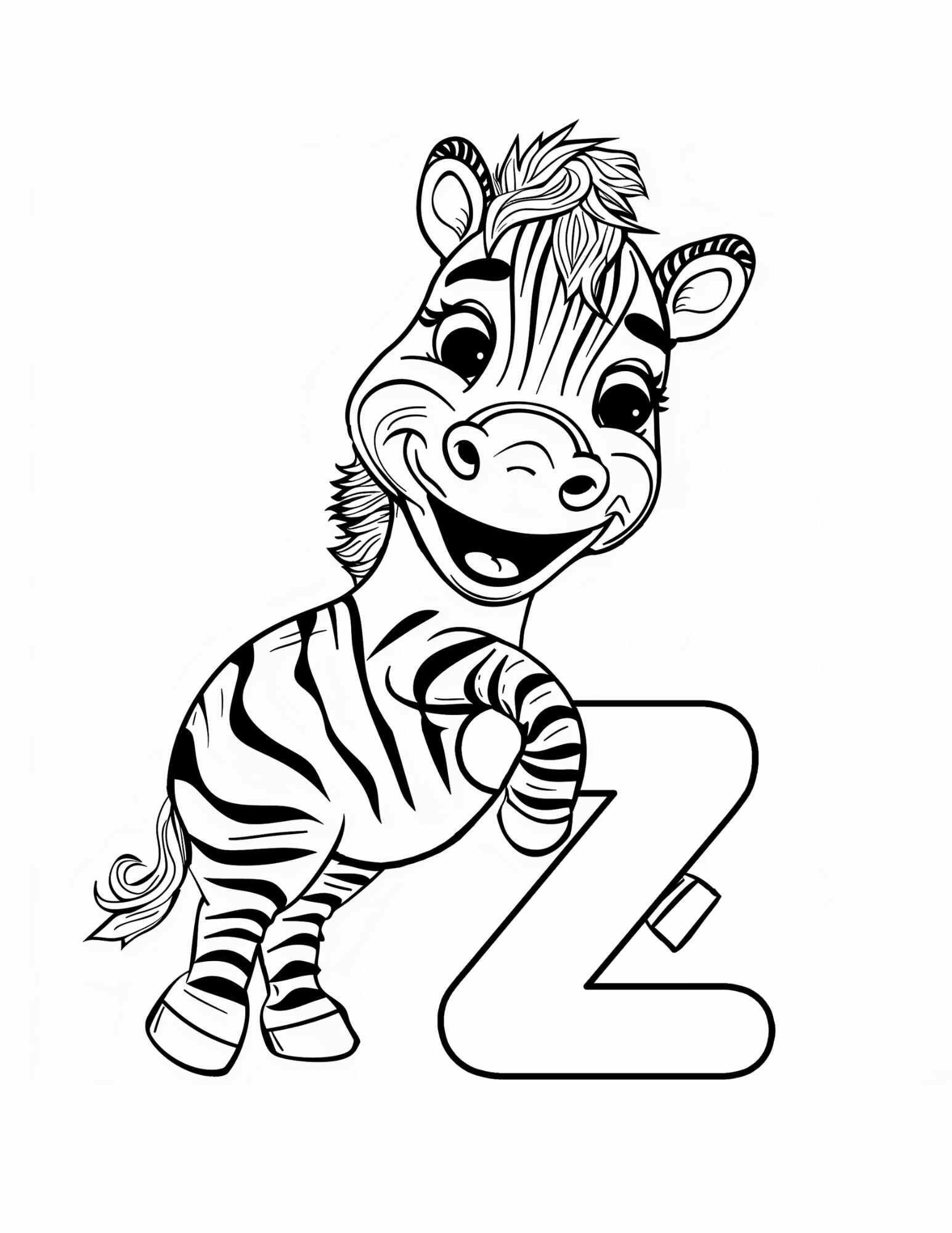 Letter Z coloring page printable — Zebra — ABC animal coloring pages for preschool and kindergarten