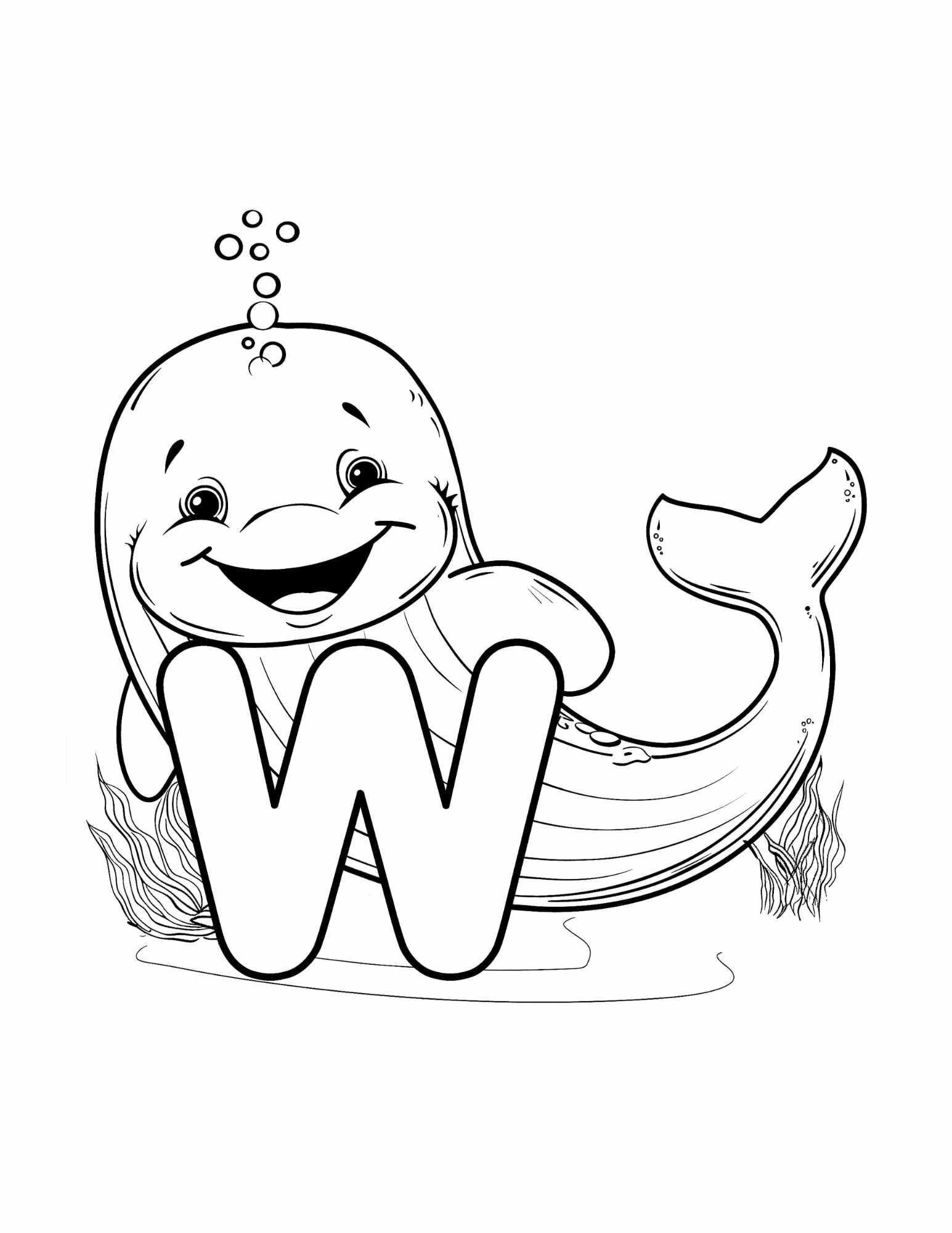 Letter W coloring page printable — Whale — ABC animal coloring pages for preschool and kindergarten