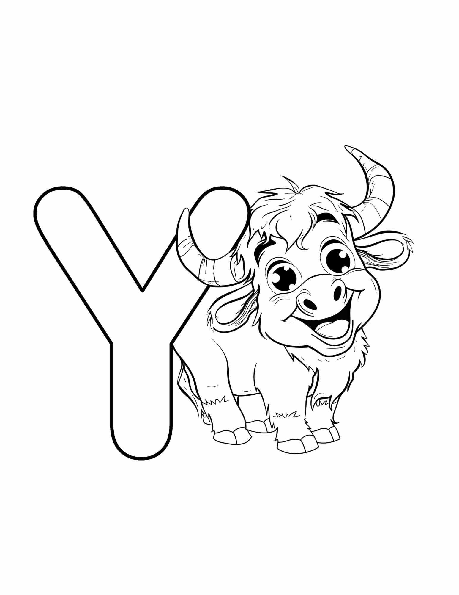 Letter Y coloring page printable — Yak — ABC animal coloring pages for preschool and kindergarten