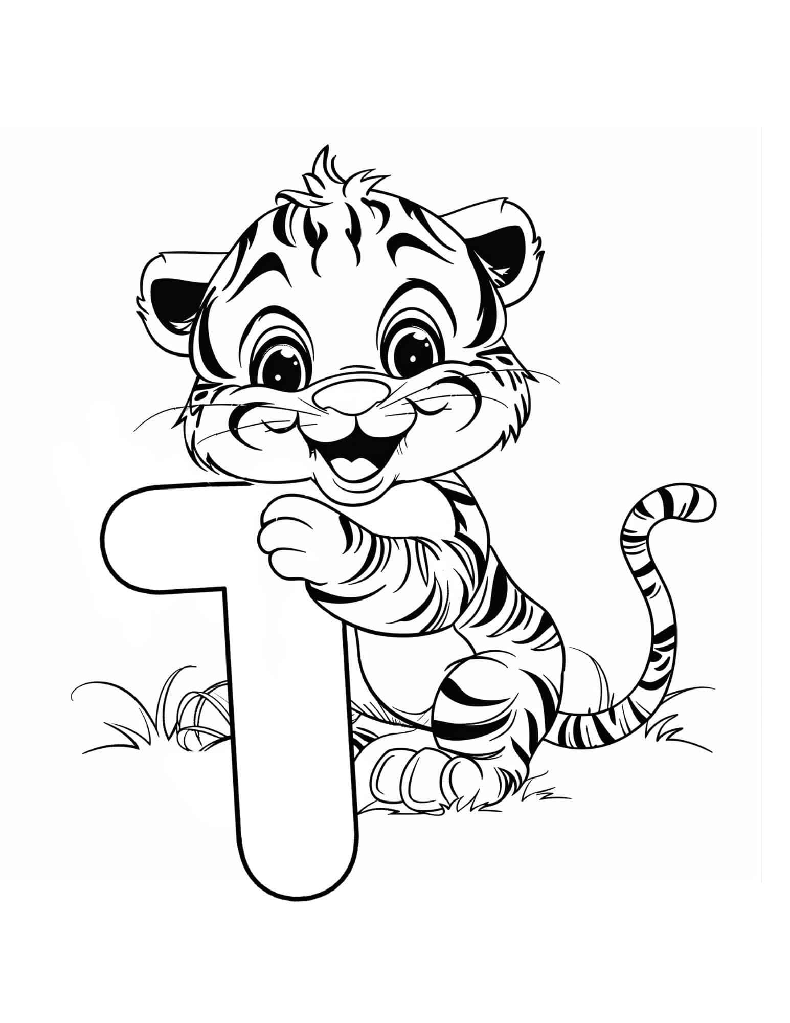 Letter T coloring page printable — Tiger — ABC animal coloring pages for preschool and kindergarten