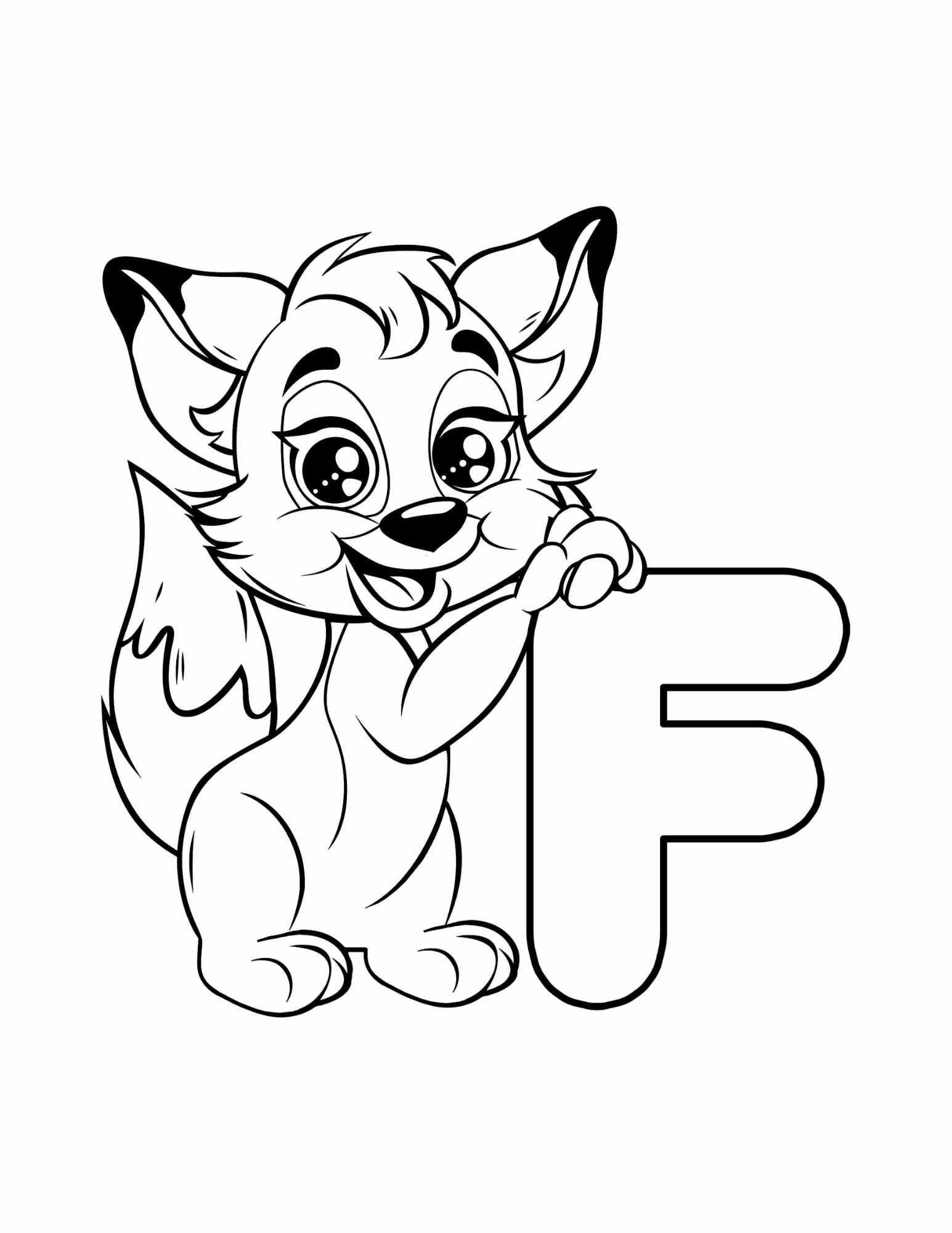 Letter F coloring page printable — Fox — ABC animal coloring pages for preschool and kindergarten