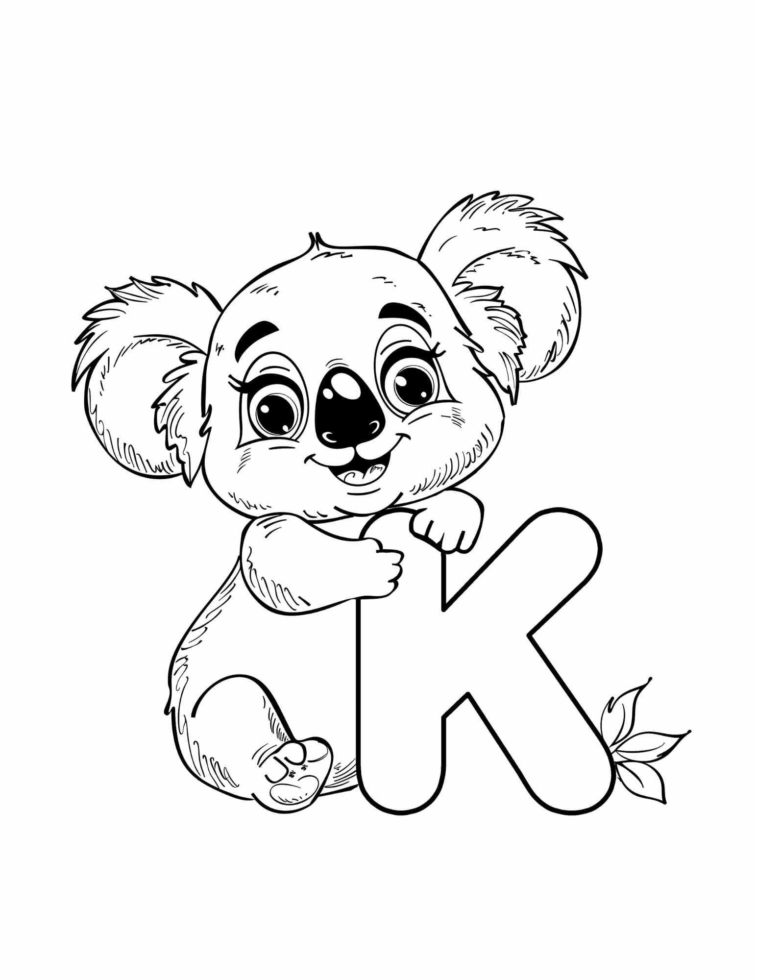 Letter K coloring page printable — Koala — ABC animal coloring pages for preschool and kindergarten
