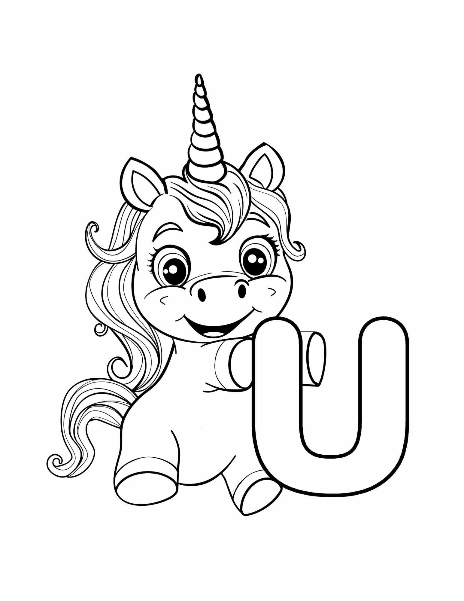 Letter U coloring page printable — Unicorn — ABC animal coloring pages for preschool and kindergarten