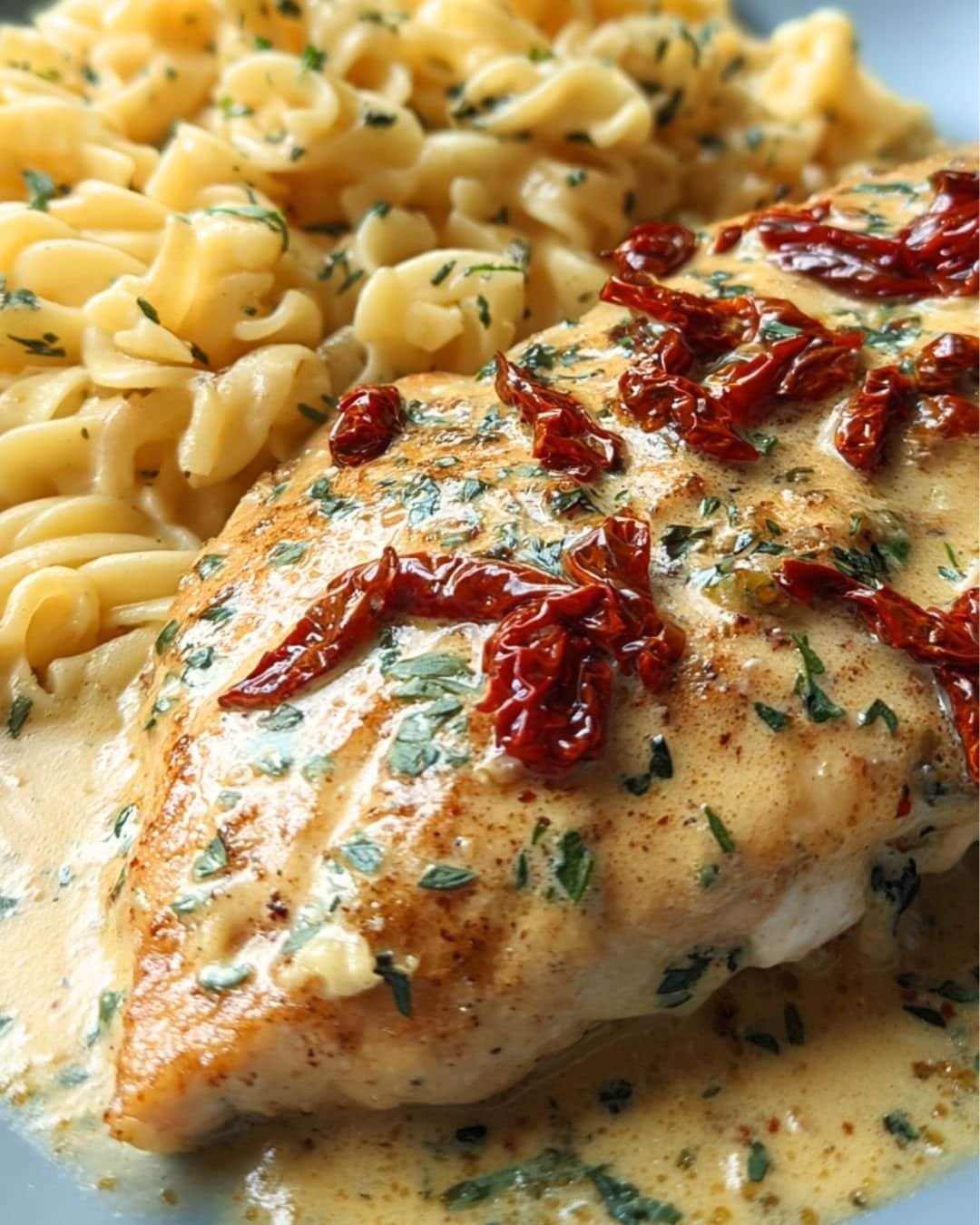 Marry Me Chicken served with pasta—golden chicken breast covered in creamy Parmesan sun-dried tomato sauce with herbs, alongside buttery noodles