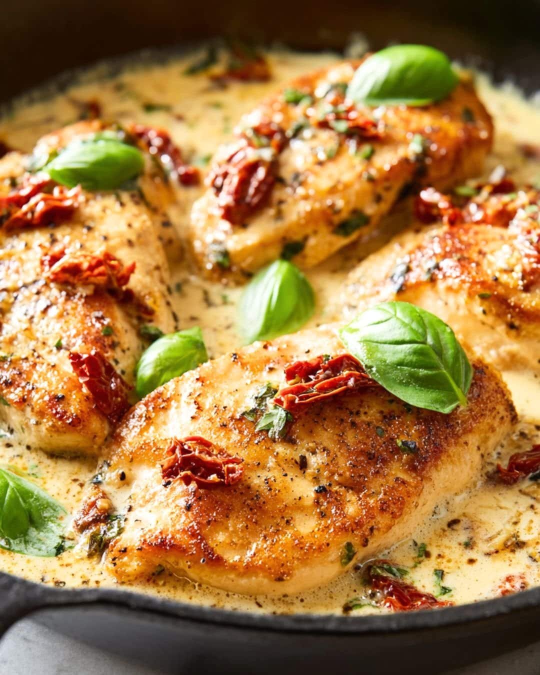 Creamy Marry Me Chicken in a skillet with sun-dried tomatoes, Parmesan sauce, and basil