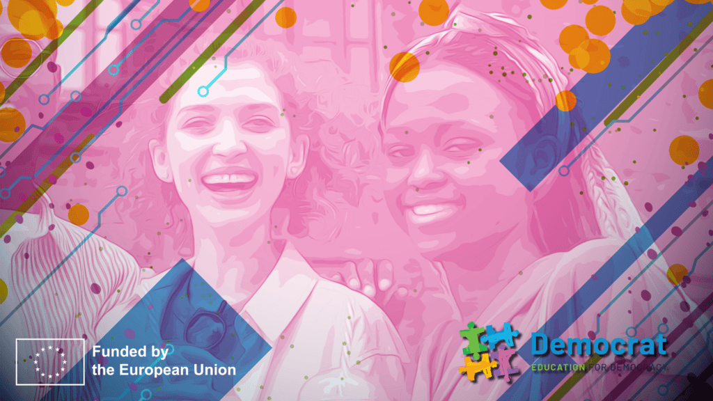 Two students of diverse backgrounds collaborating, representing the values of democratic school culture.