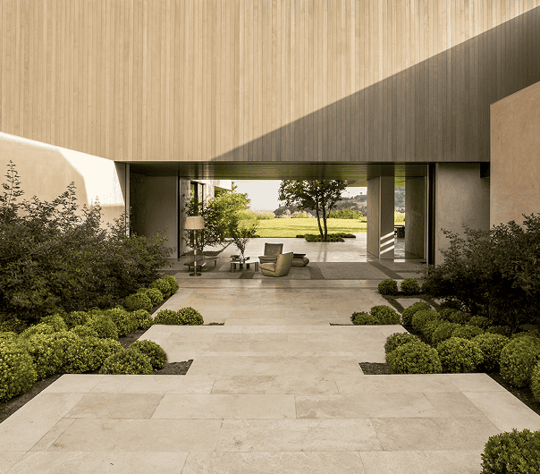 Modern hardscaping in Los Angeles with stone patio and lighting