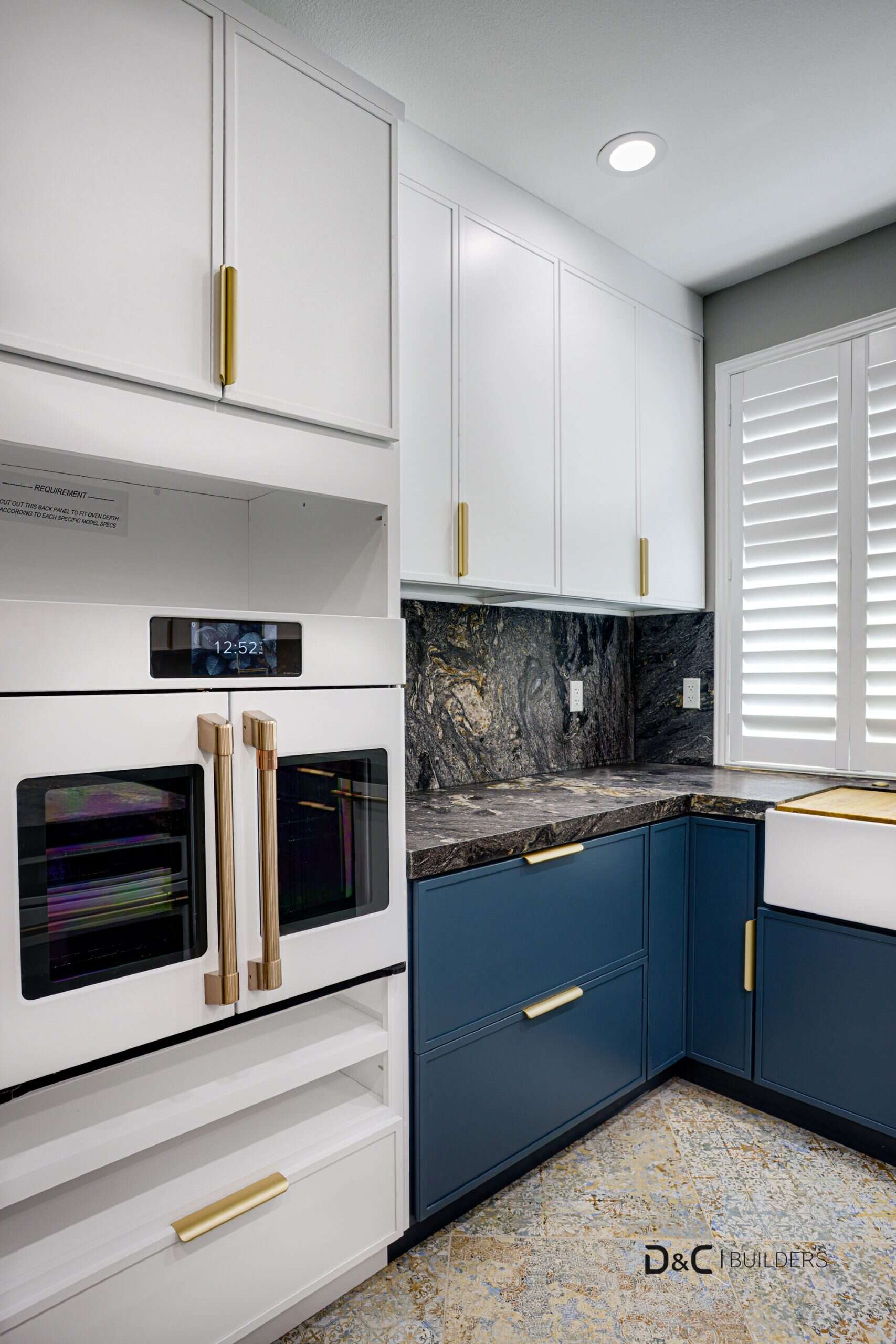 White and Navy blue cabinets, kitchen remodel project in New Port