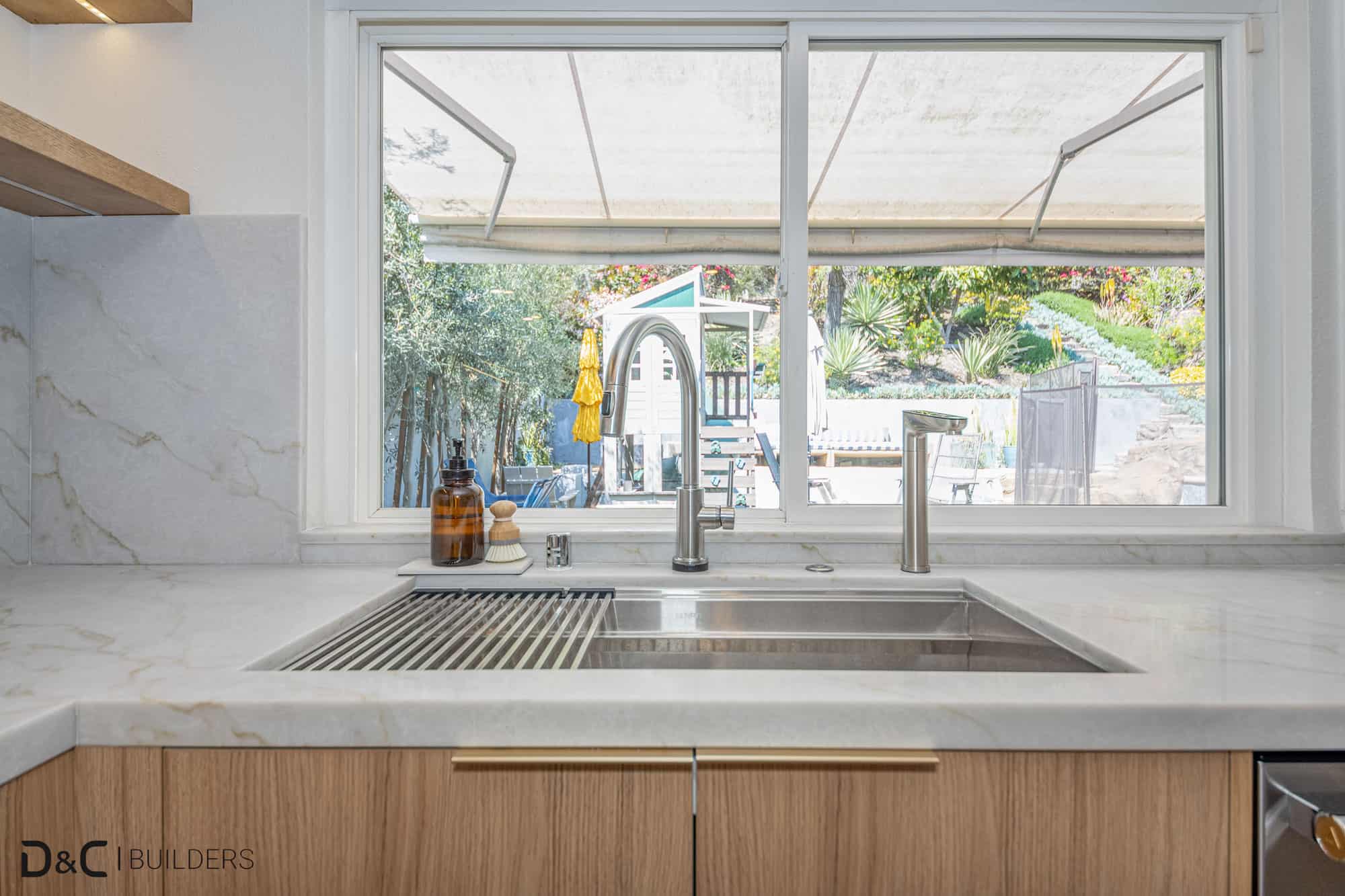 marbel counter top with a window in the background