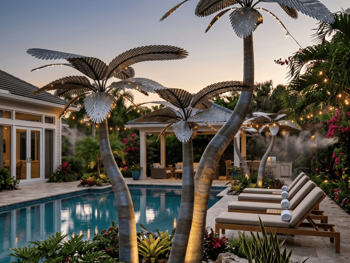 Illuminated metal palms at a resort