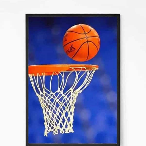 Basketball on Hoop Glass Framed Wall Poster