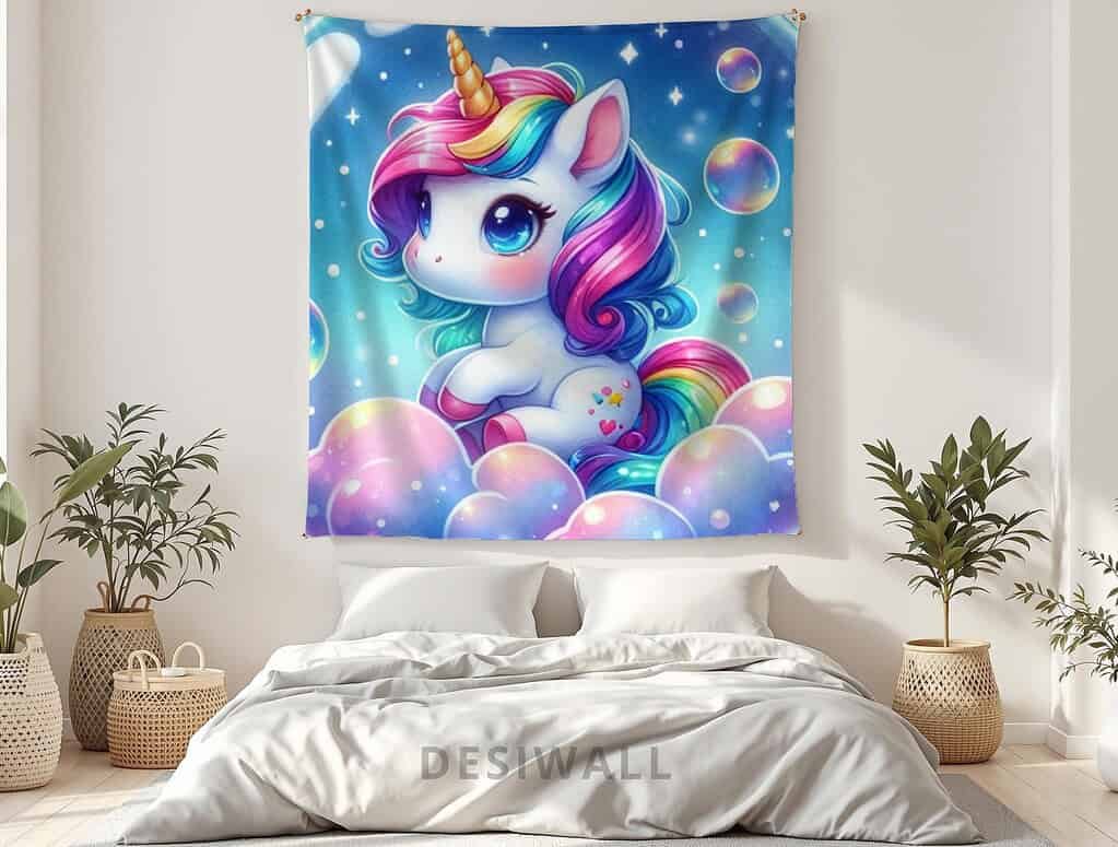 Magical unicorn wall tapestry above a bed