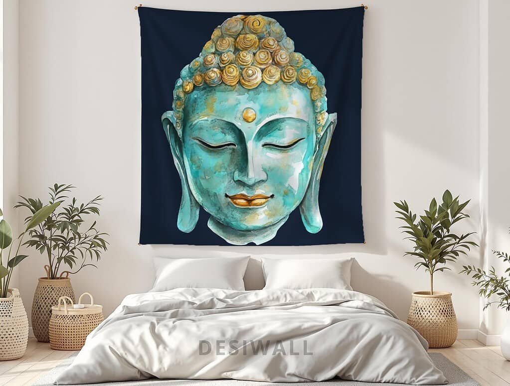 Calming Buddha wall tapestry in a bedroom