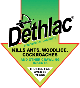 Dethlac logo for insecticide killing ants, woodlice, cockroaches, and crawling insects.