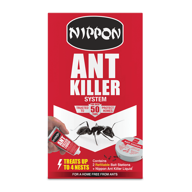 Nippon ant killer system for home pest control, treats up to 4 nests, includes bait stations and liq.