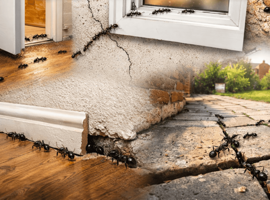Ants crawling around a cracked house foundation and doorway.