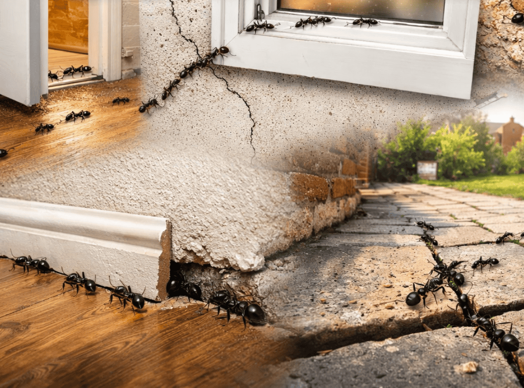 Ants crawling around a cracked house foundation and doorway.