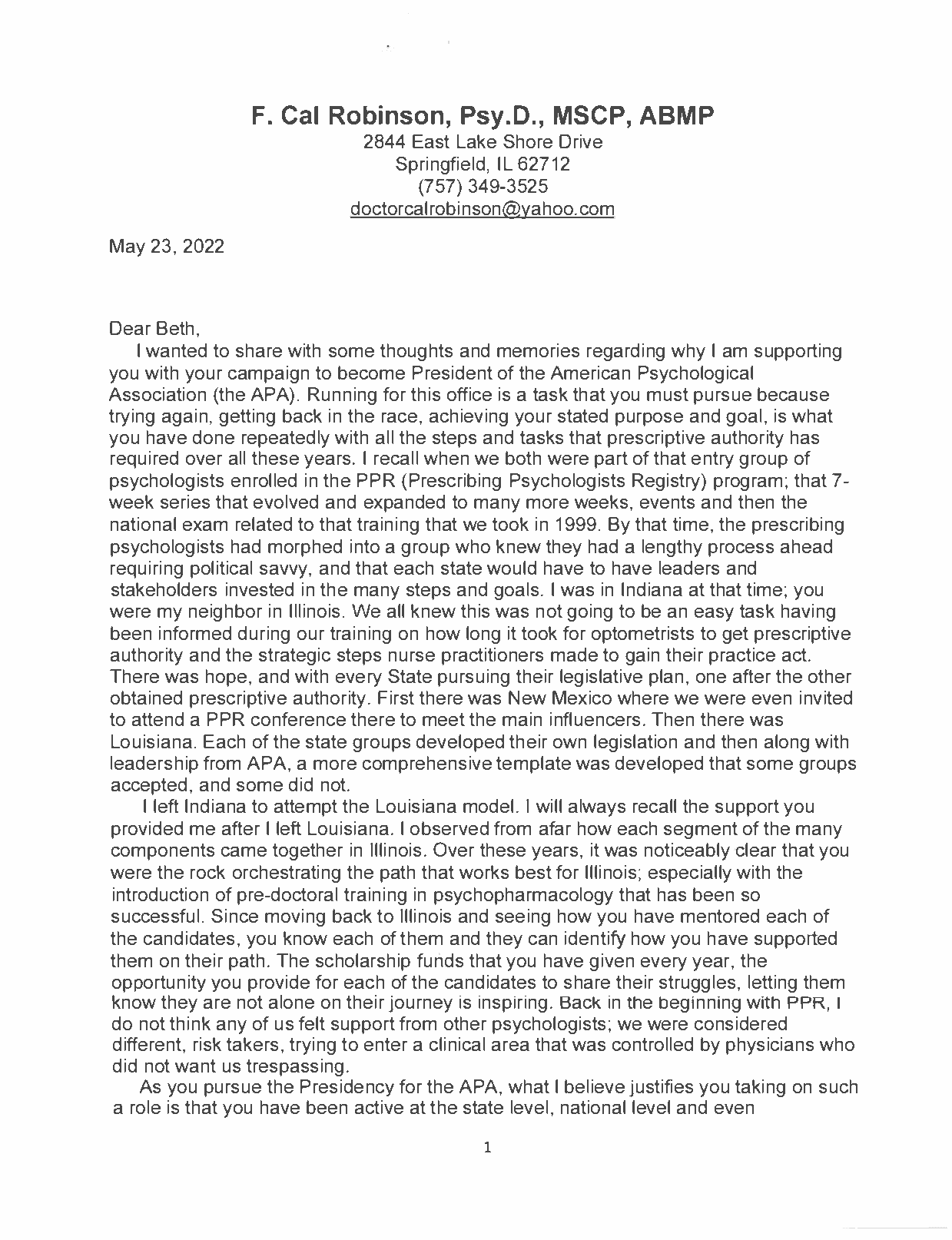 Cal Robinson Endorsement Letter Page 1