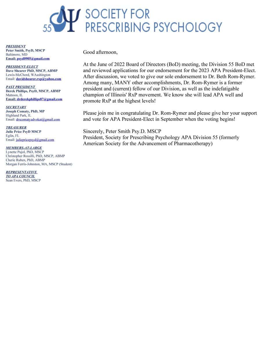 06 2022 Div55Endorsement of Beth N. Rom-Rymer Ph.D. for APA President