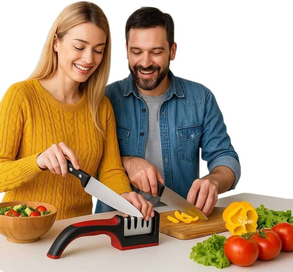Couple safely sharpening and using kitchen knives with a guided manual knife sharpener while preparing fresh vegetables