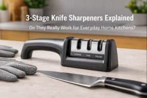 3-stage knife sharpener displayed on a kitchen counter in a modern home kitchen