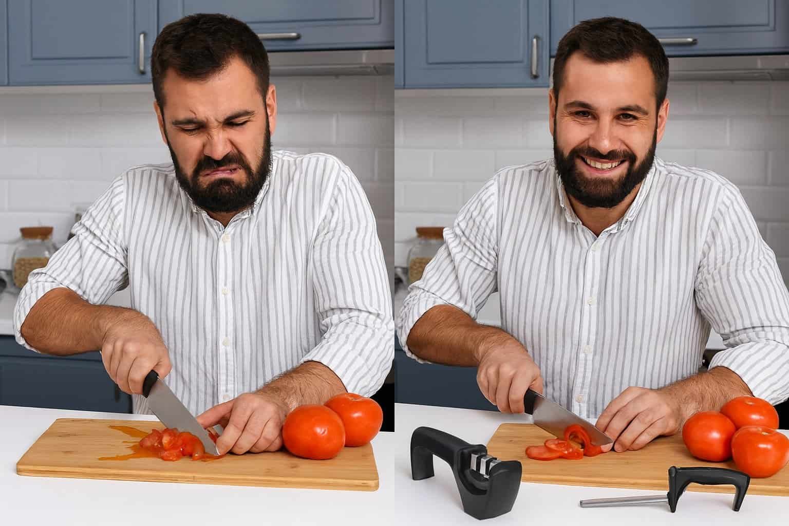 Side-by-side comparison of a man struggling to cut tomatoes with a dull kitchen knife versus confidently slicing tomatoes after sharpening the knife
