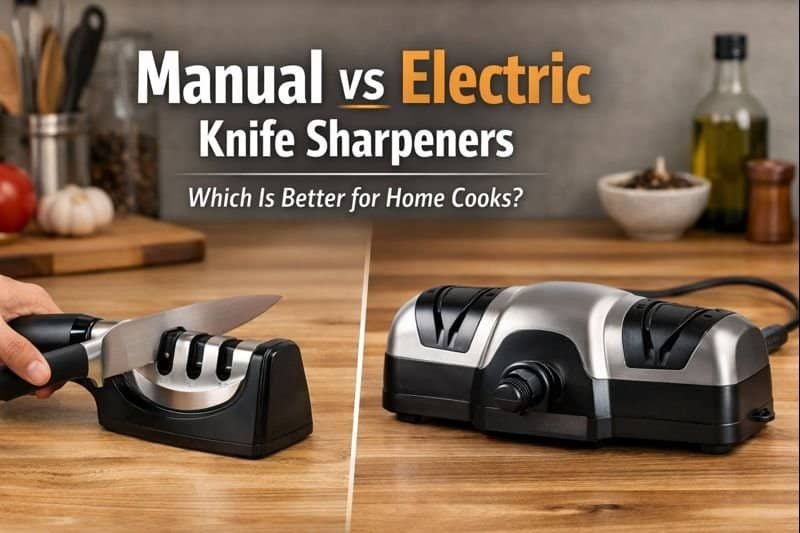 manual and electric knife sharpeners placed side by side on a kitchen counter