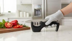 Best knife sharpener for home kitchens – DTDF manual knife sharpener sharpening a kitchen knife safely on a modern countertop