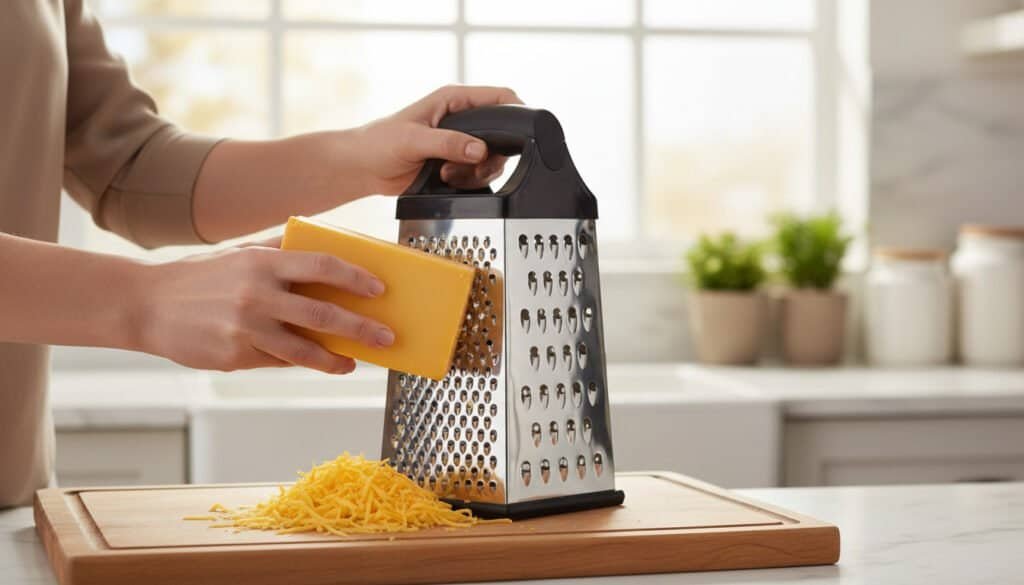 Hands using stainless steel box cheese grater with black handle to grate cheddar cheese on wooden cutting board in modern kitchen