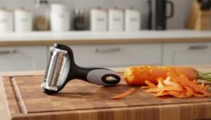 3-in-1 stainless steel vegetable peeler beside a carrot with thick peel strips on a wooden chopping board.