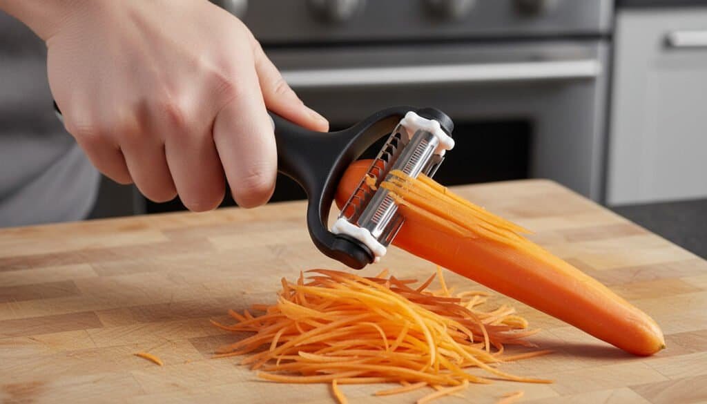 Vegetable peeler creating thin julienne carrot strips on a wooden chopping board
