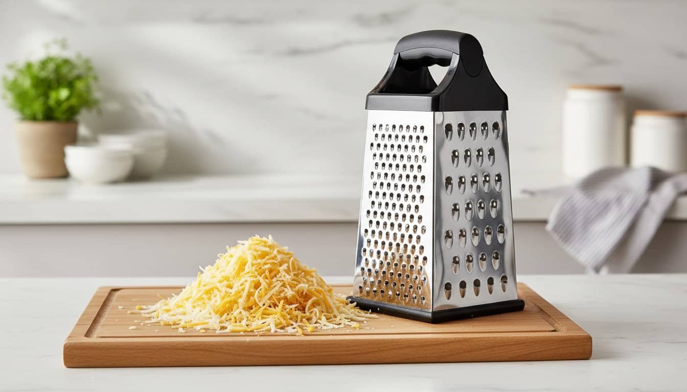 Stainless steel multipurpose cheese grater with freshly grated cheese on a wooden cutting board in a modern kitchen
