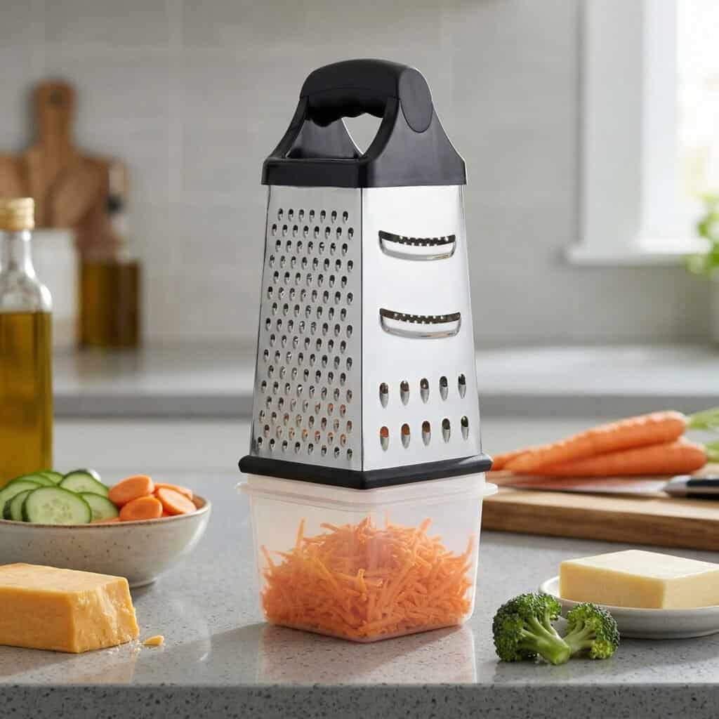 Multipurpose cheese grater with container on modern kitchen countertop