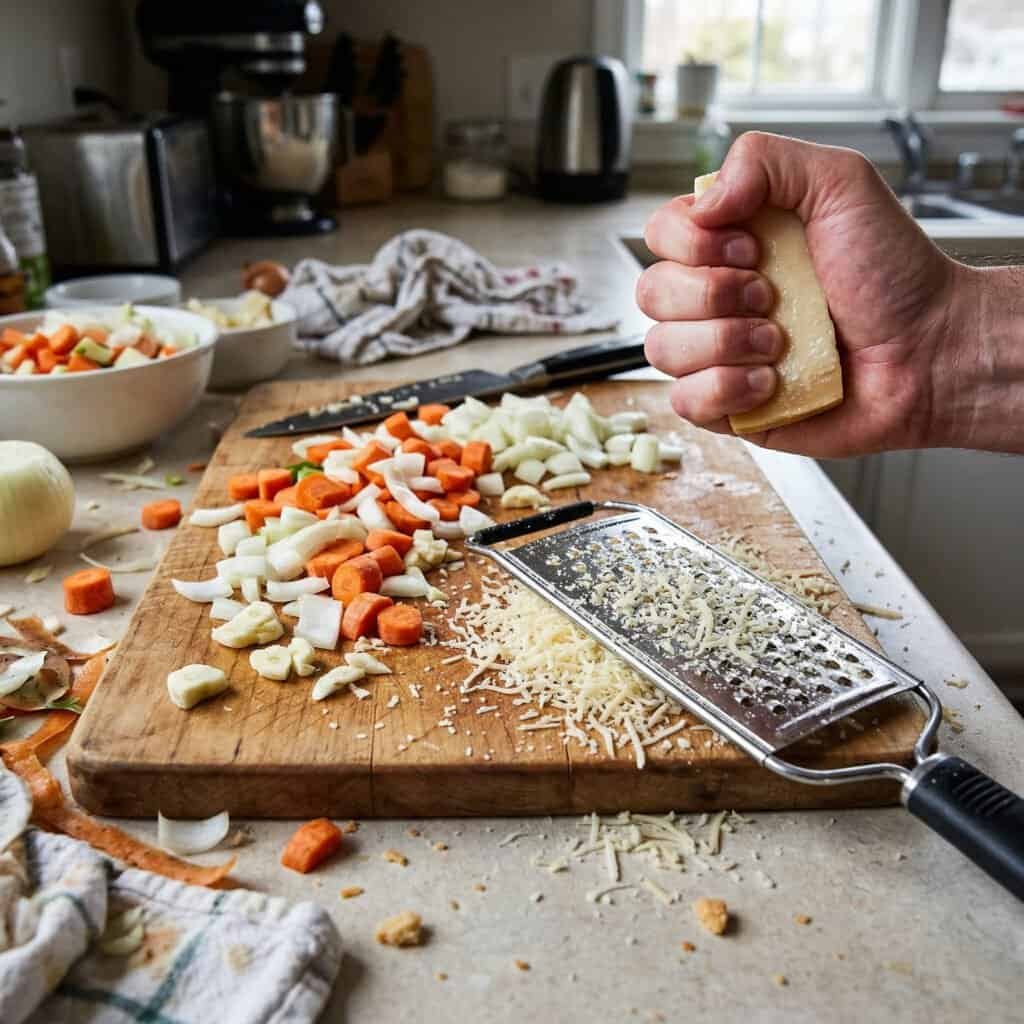 Messy kitchen with slow vegetable chopping and scattered cheese