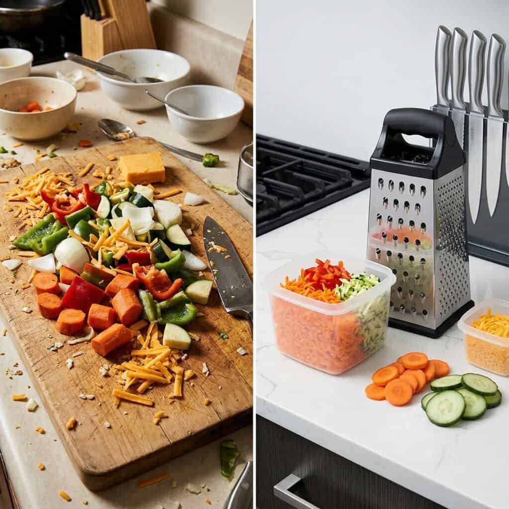 Before and after comparison of messy vs clean food preparation