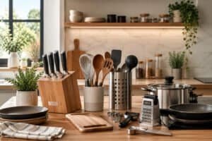 Modern kitchen tools arranged neatly on a wooden kitchen countertop