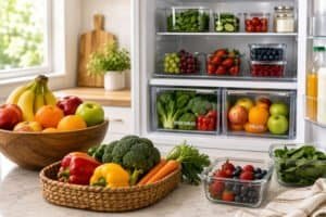 Fresh fruit and vegetables stored correctly in a modern kitchen with an organised refrigerator, wooden fruit bowl, and fresh produce containers.