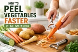 Person using a stainless steel vegetable peeler to peel a fresh carrot on a wooden chopping board surrounded by potatoes, cucumber and other vegetables in a bright modern kitchen.