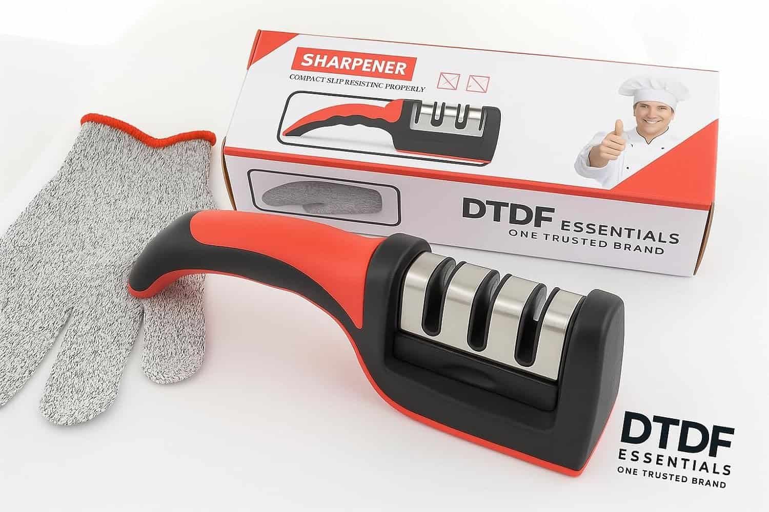 DTDF 3-Stage Manual Knife Sharpener (Red & Black) with Safety Glove - Image 7